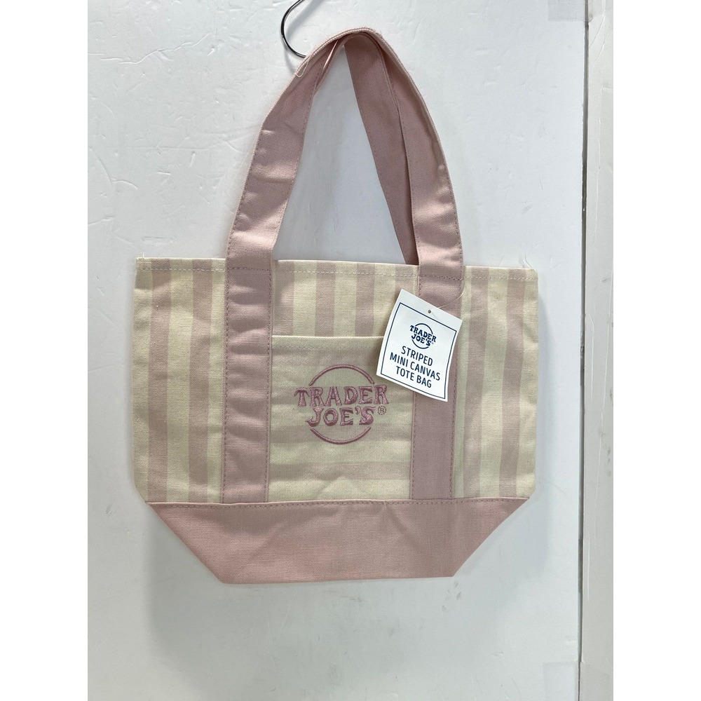 Trader Joe's Striped Mini Canvas Tote Bag Pink Cream Limited Edition 84312 NEW